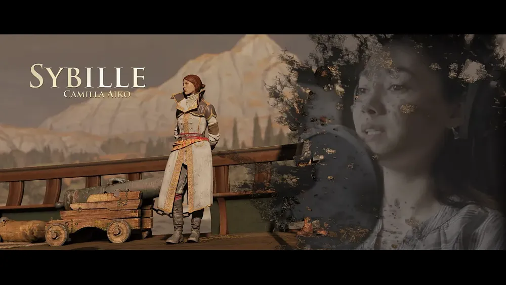 Image showing the character Sybille from GreedFall: The Dying World and the character's voice actor, Camilla Aiko.
