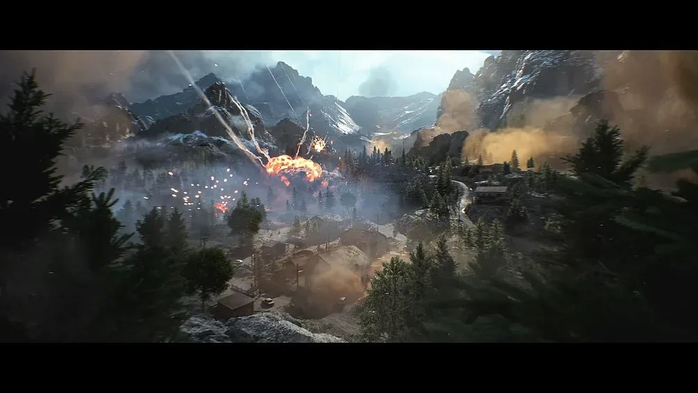 A still from the Battlefield 6 Season 2 intro cinematic showing a military base nestled between some mountains getting struck by bombs.