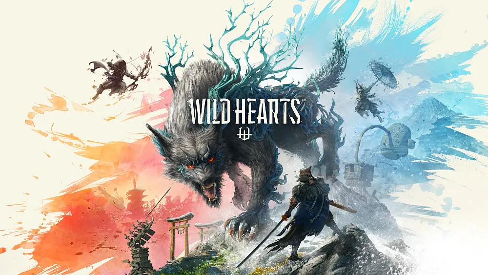 Image has the text Wild Hearts. The words are over artwork of a person with a sword squaring up against a large wolf-like creature with blue antlers.