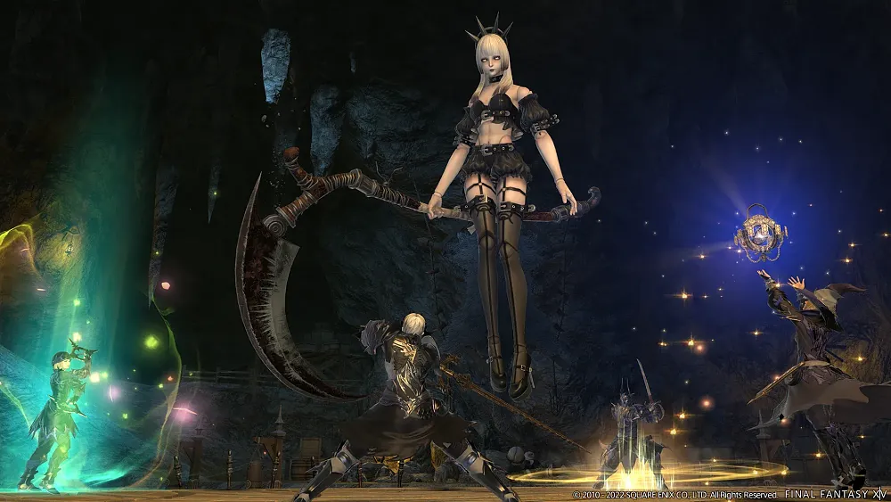 Floating goth girl facing off against other characters in the MMORPG Final Fantasy 14