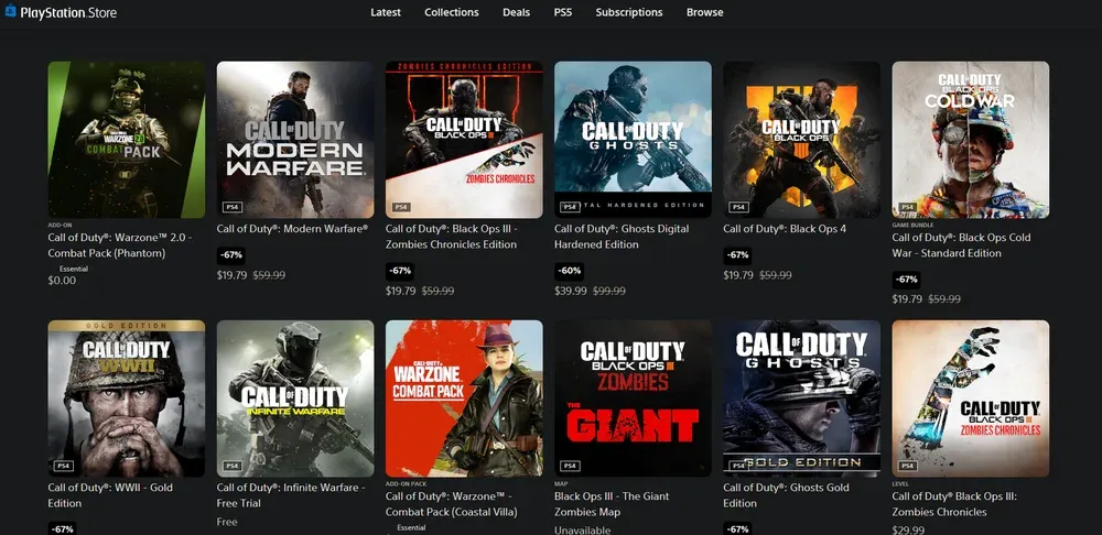 A grid layout list showing a variety of Call of Duty titles available for sale on the PlayStation Store