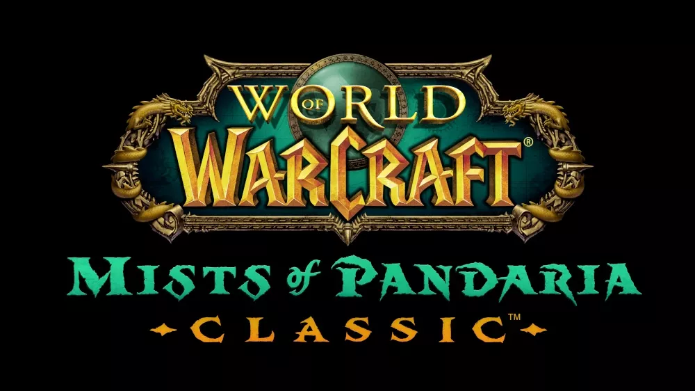 Text logo for World of Warcraft: Mists of Pandaria Classic showing a text logo on a black background.