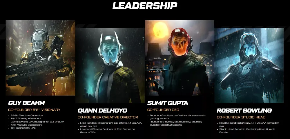 An image showing the owners and leaders of game development studio, Midnight Society, including the now fired Guy Bheam, aka Dr Disrespect.