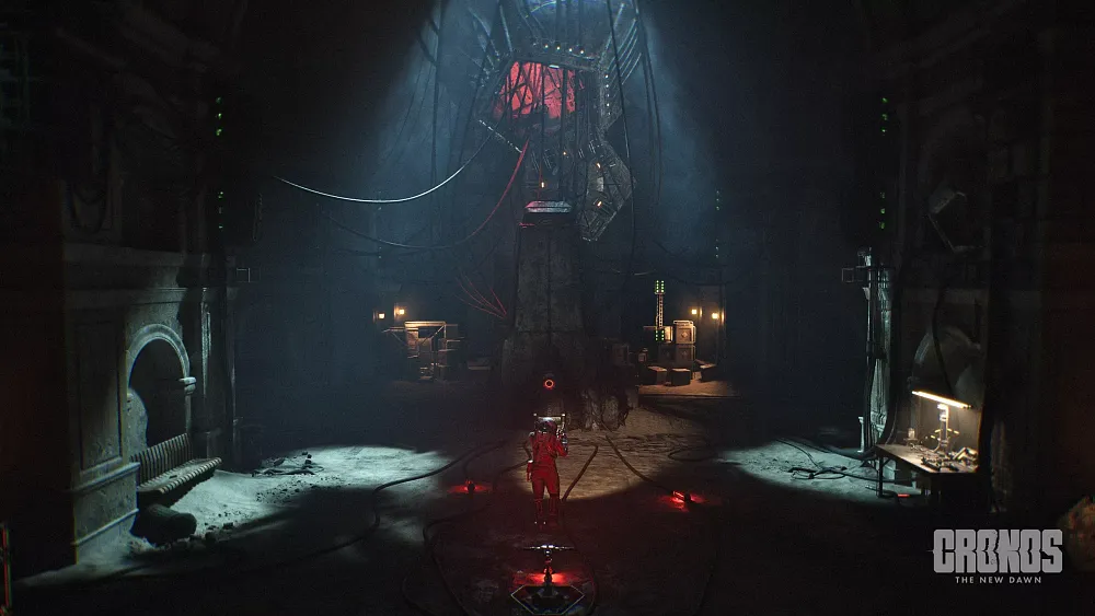 An adventurer wearing heavy protective armor and a domed helmet approaches a large structure with several wires coming out of it and spreading to parts of the rundown, dark environment.