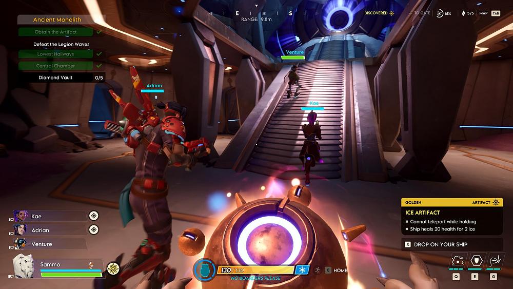 A group of space adventurers running up some steps towards some sort of portal in a sci-fi setting.