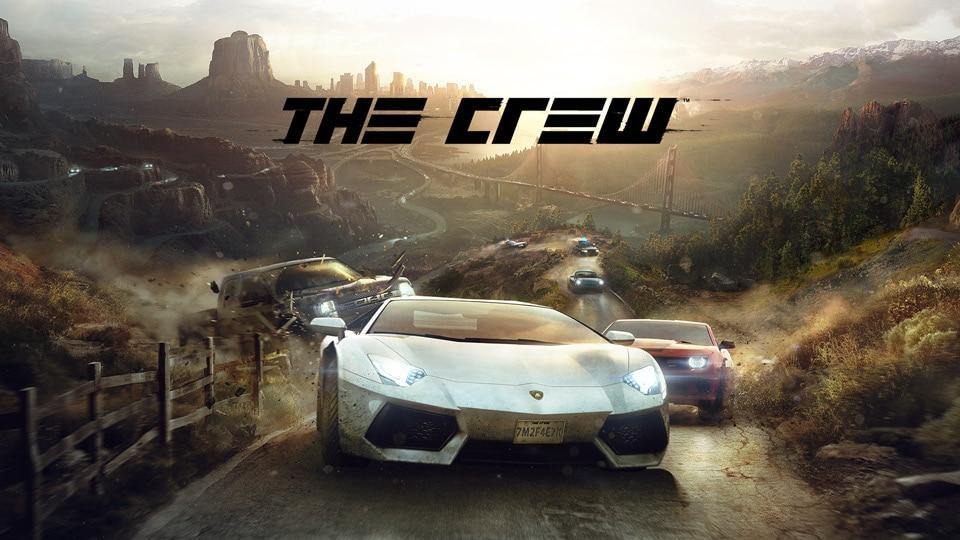 Title of The Crew over a bunch of cars racing through a dusty canyon type area.