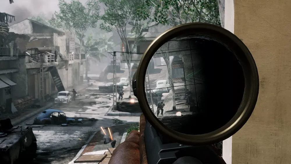 View looking down a sniper scope at a battle on the streets of Vietnam.
