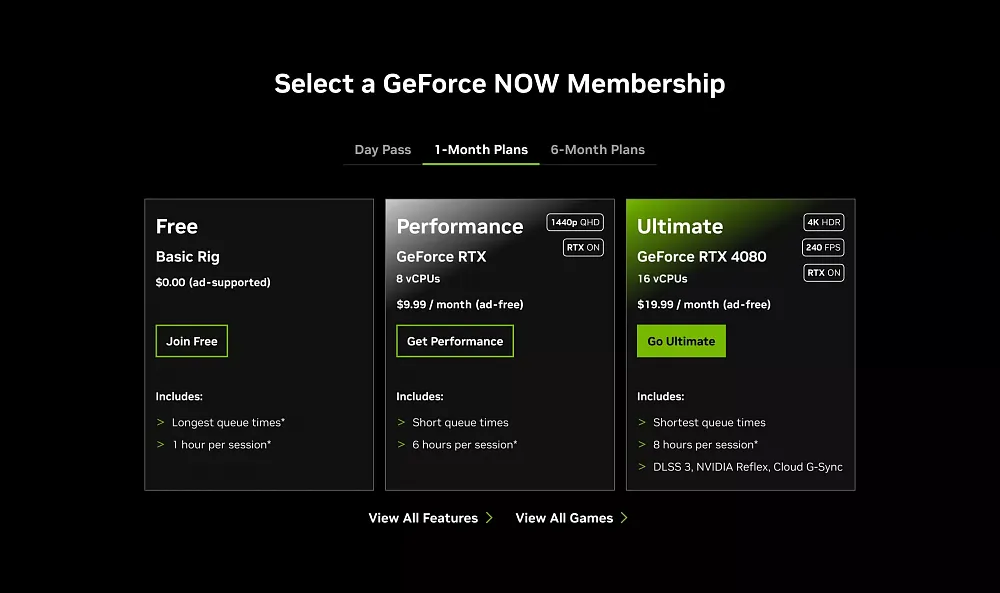 Image showing three tiers of membership for streaming service GeForce Now from free, to $10 per month, to $20 per month at the Ultimate tier.