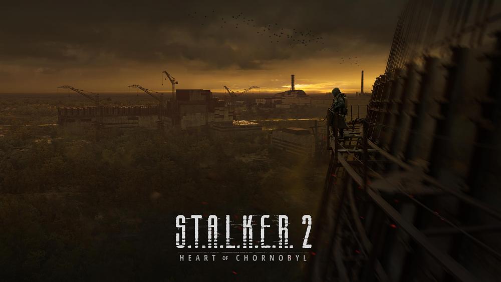 A man stands on the side of a building on a metal walkway and overlooks a town below that was ravaged by nuclear fallout.