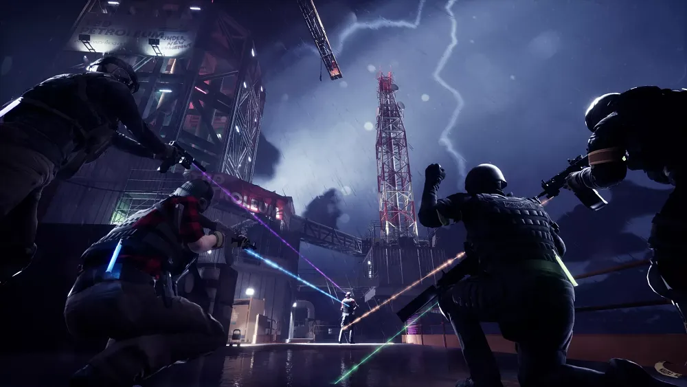 Art showing a squad of tactical people readying to attack a base.