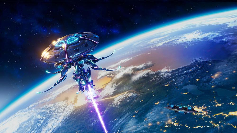 An alien spaceship firing a purple laser down to Earth.