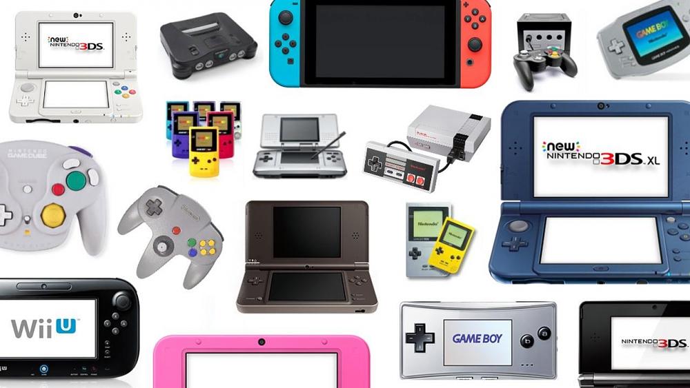 A compilation of various Nintendo hardware devices from across several years.