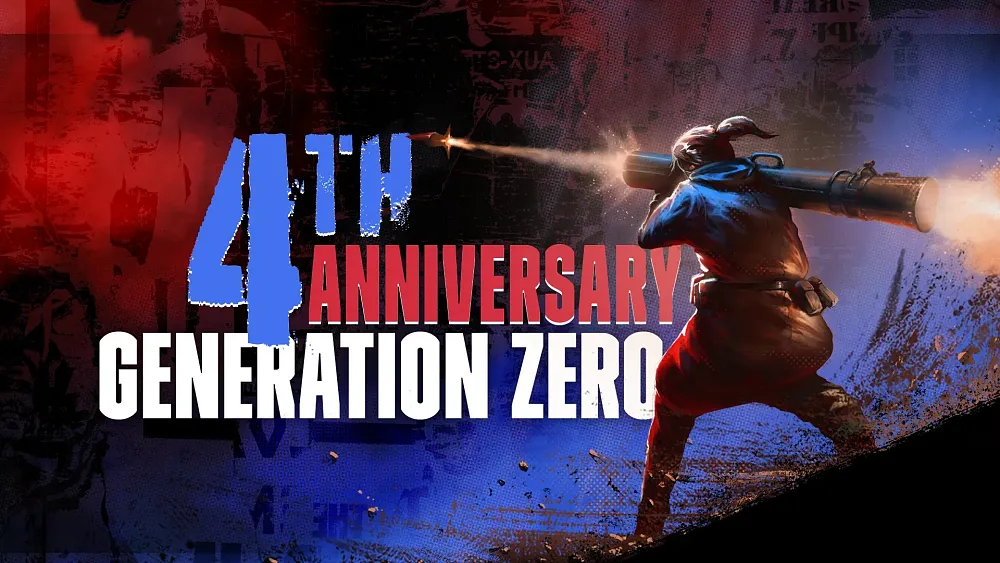 Text: 4th anniversary. Generation Zero. Image: A person firing a rocket launcher set against a red and blue smokey background.
