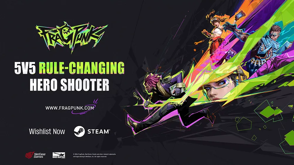 Key art showing characters for FragPunk along with the title and "5v5 rule changing hero shooter" and Xbox Series X|S and PC platforms listed.