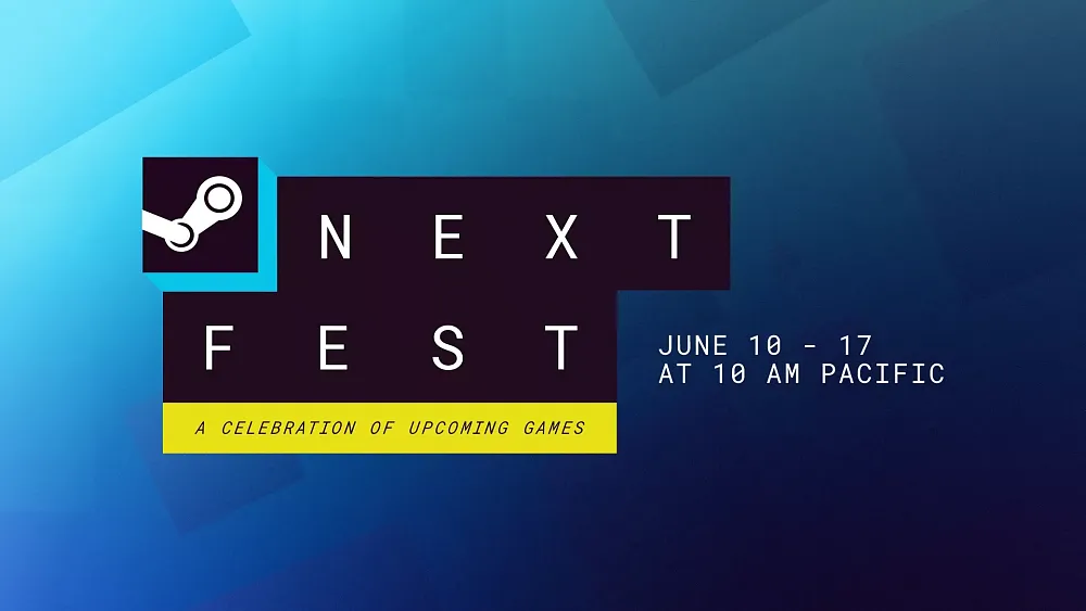 Text: (Steam logo) Next Fest from June 10 - June 17 at 10AM PT.