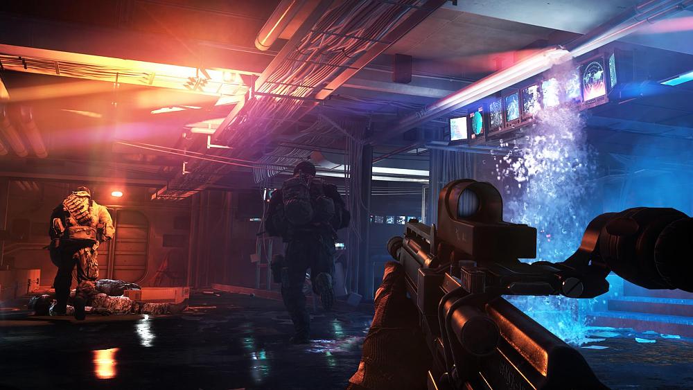 Soldiers running through a dimly lit area that is starting to flood with water.