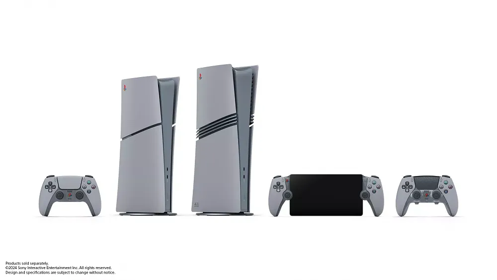 PlayStation 5 consoles and peripherals with a matte grey design similar to the original PlayStation console color.