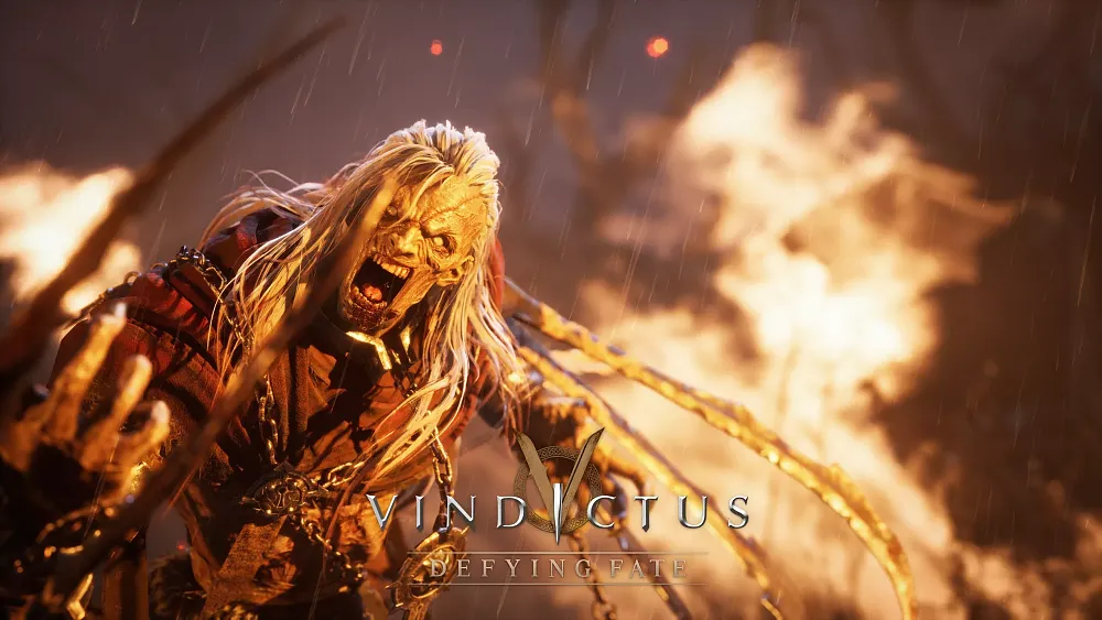Art with the title, Vindictus: Defying Fate, at the bottom. The art shows some sort of an angry human creature thing looking angry and swinging at the player with some sort of claw-like weapons attached to their shoulder or arm.