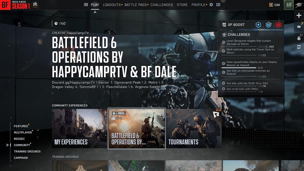 Screen within Battlefield 6 showing a Community spotlight for Battlefield 6 Operations by HappyCamperTV and BF Dale.