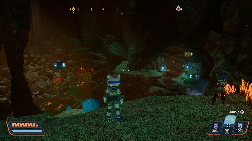 Two space explorers scoping out a colorful cave on an alien planet.