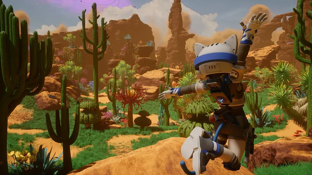 A space explorer in a cat space suit does a joyful jump in a colorful desert oasis.