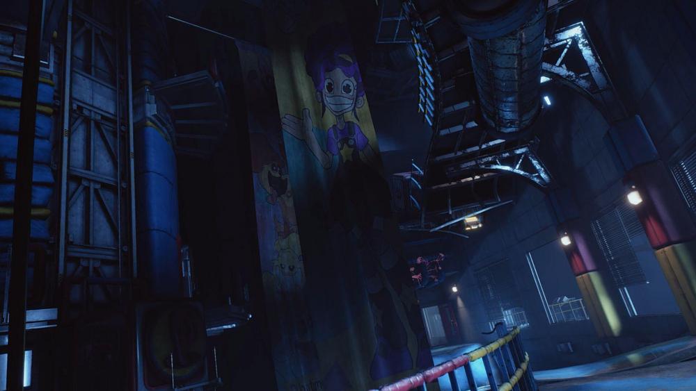 Screenshot of a dark area, looks like a behind the scenes sort of view of some children's themed amusement building.