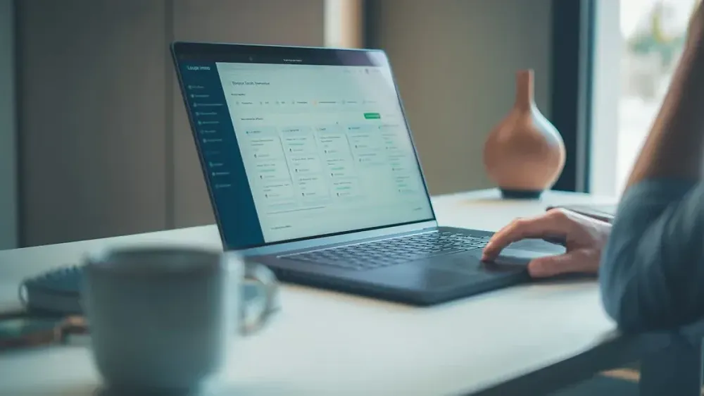 A computer desk with a person, out of frame, working on a laptop.