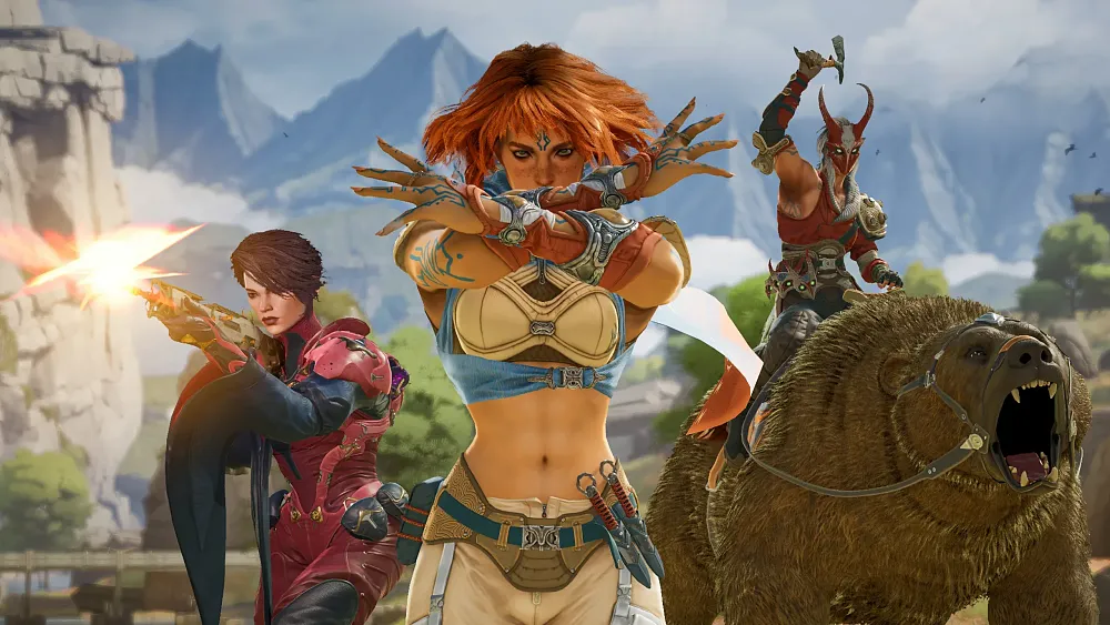 Image from Highguard showing three different and unique characters, including one riding a bear.