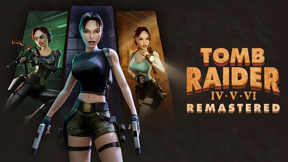 Art showing three different versions of the game character Lara Croft as she appears in Tomb Raider 4, 5, and 6. The text reflects this saying that this bundle includes Tomb Raider 4-6 Remasters.