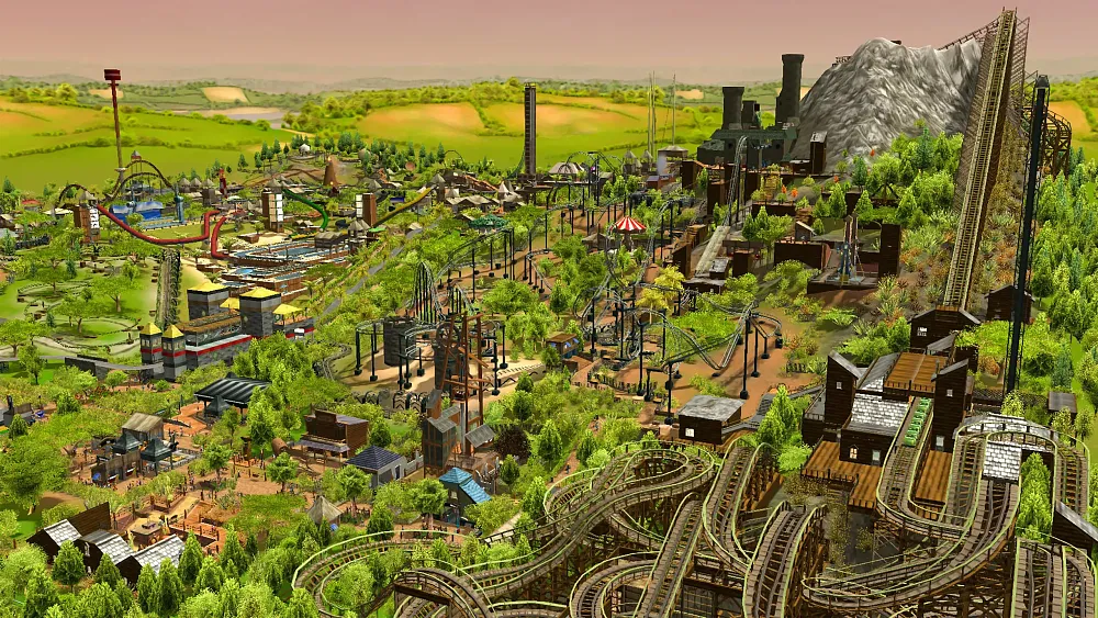 An image of a virtual theme park full of rides including rollercoasters.