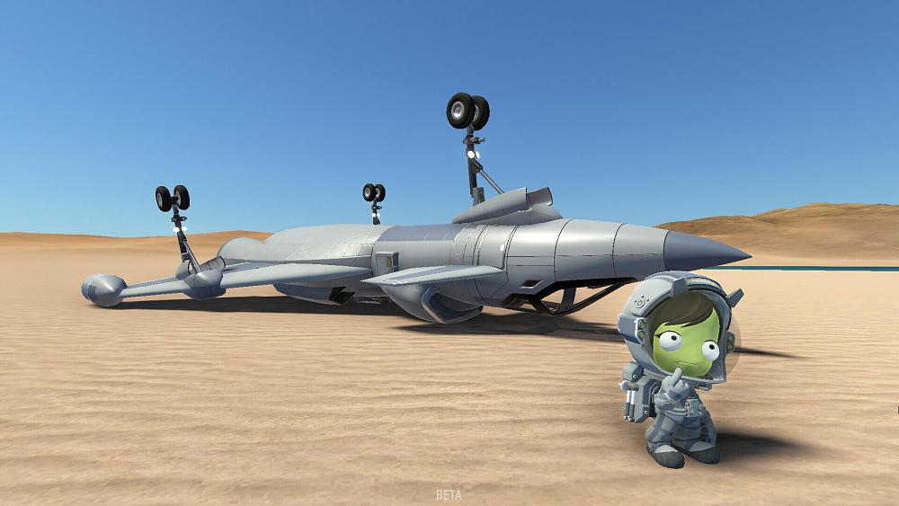 Screenshot from Kerbal Space Program 2 showing an upside-down jet and an alien astronaut.