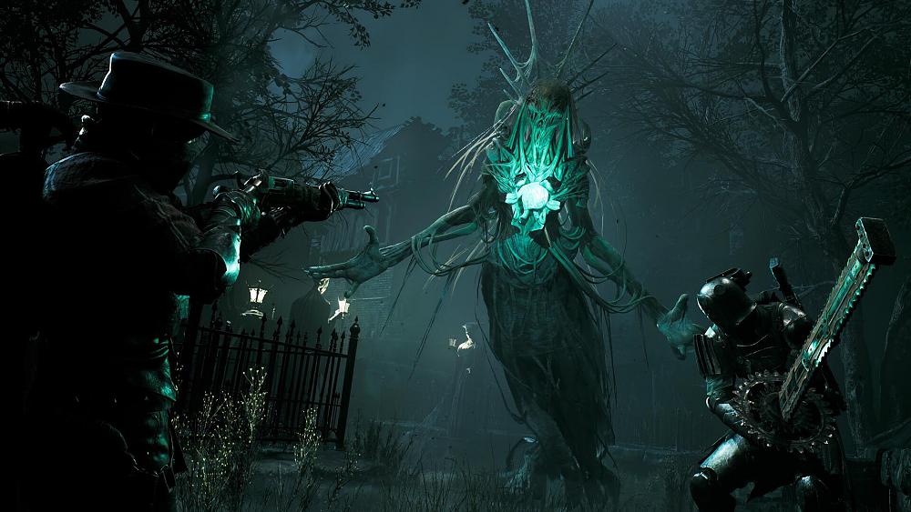 Screenshot showing players taking on a ghostly apparition in a boss fight battle.