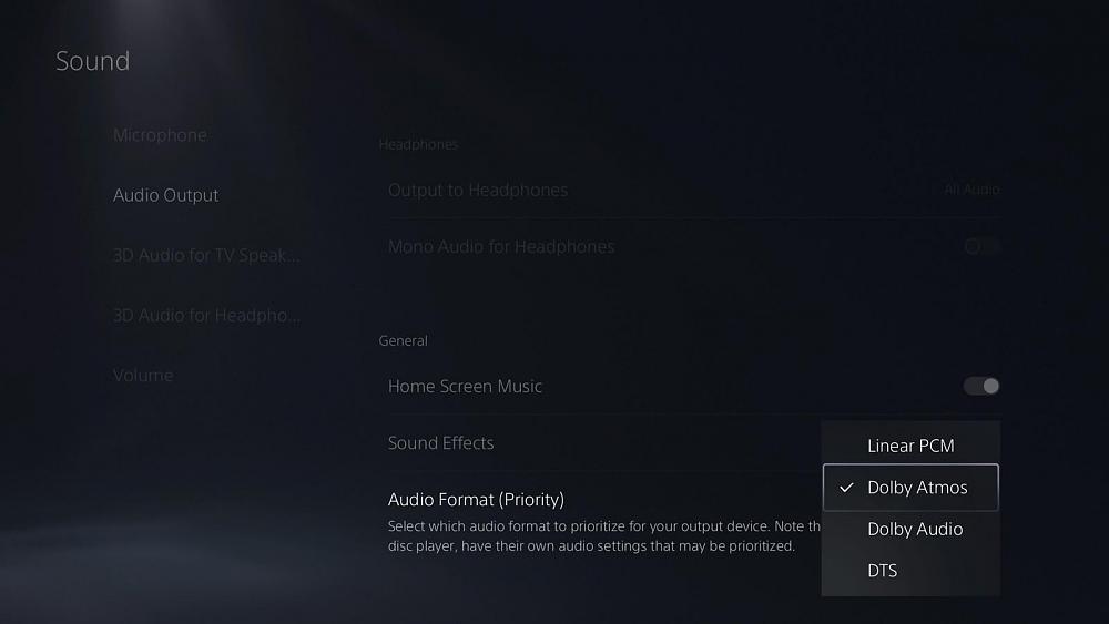 Options screen from PS5 beta update showing that you can now use Dolby Atmos supported audio devices.