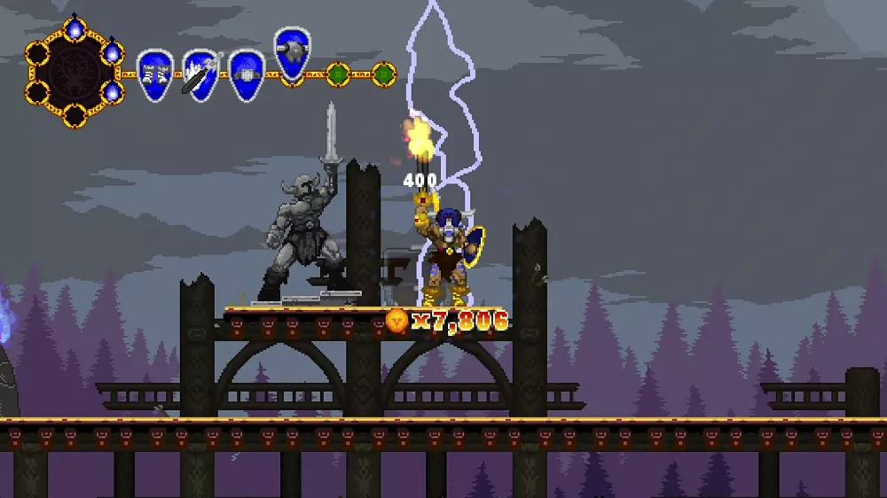 Pixelated retro looking game where a Viking warrior is holding up his sword as lightning strikes.