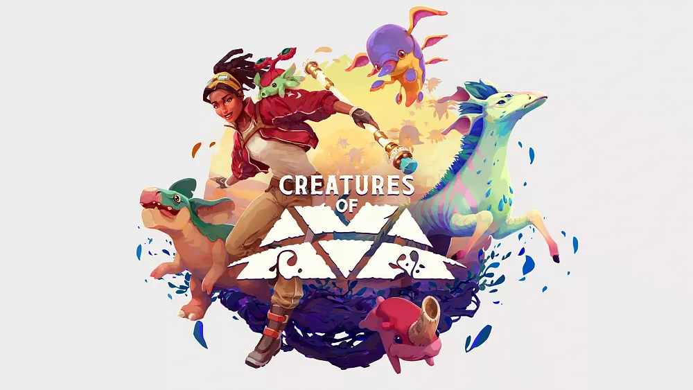 Key art showing Creatures of Ava with a woman and several colorful alien animals bursting out towards the viewer.