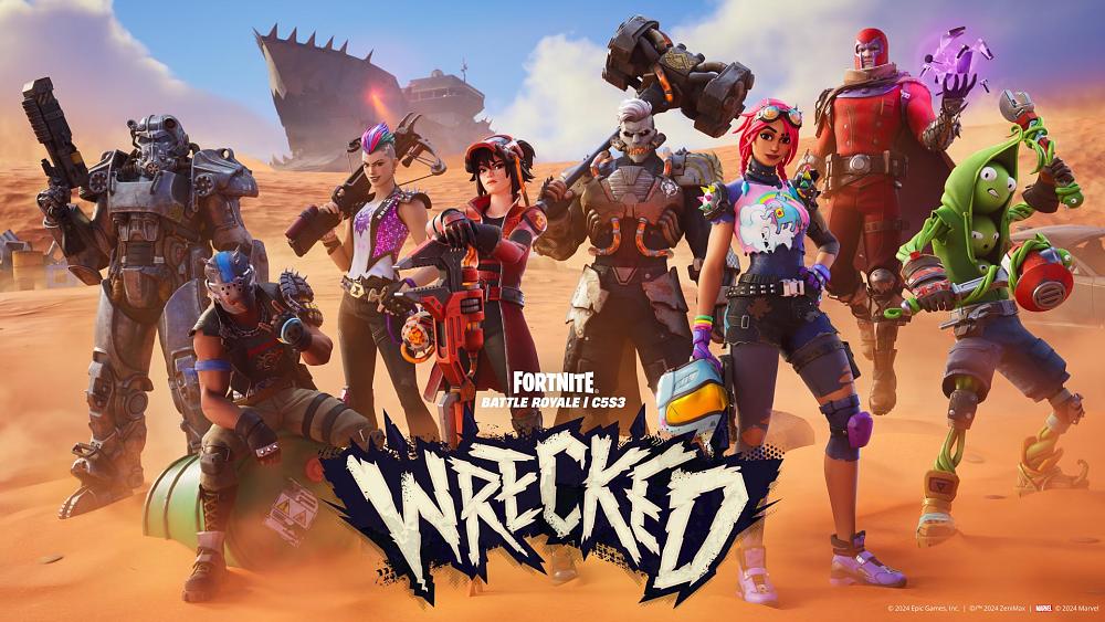 Art for the Wrecked season for Fortnite Battle Royale showing lots of colorful characters wearing different clothing and armors showing what is available in the season's Battle Pass.