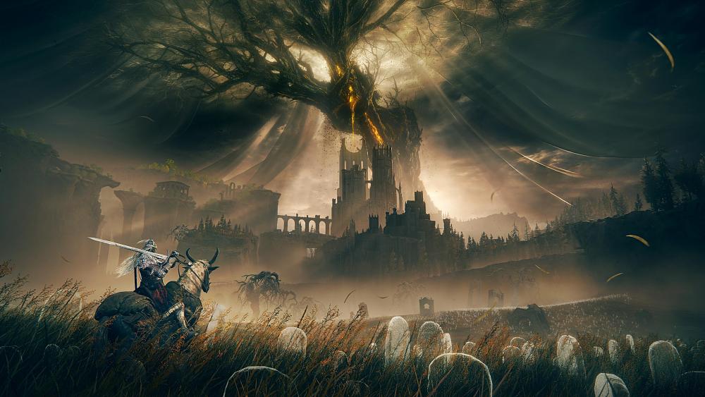 A character on a horned horse creature riding through a field of tall grass and ghostly tombstones.