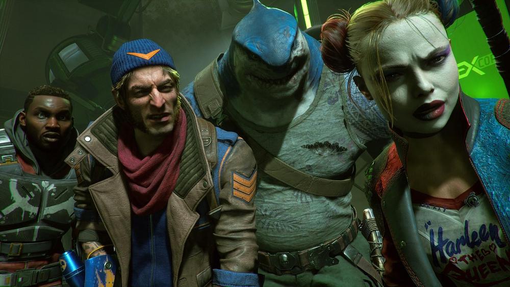 Four members of the Suicide Squad from the game all looking really confused.