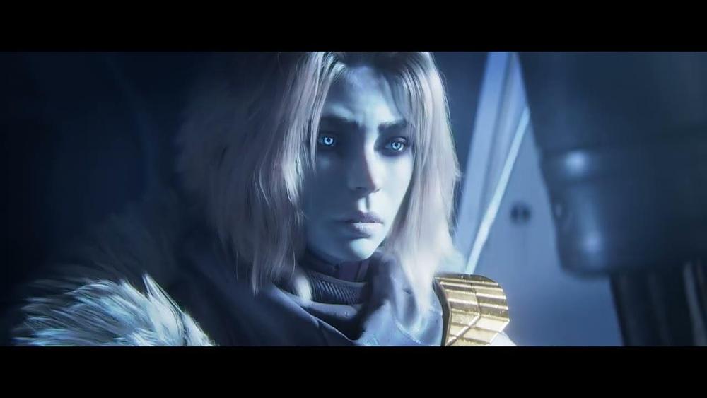A still from the intro cinematic for Destiny 2: Lightfall featuring a pale blue alien woman with grey hair. This was a cinematic done by Axis Studios.