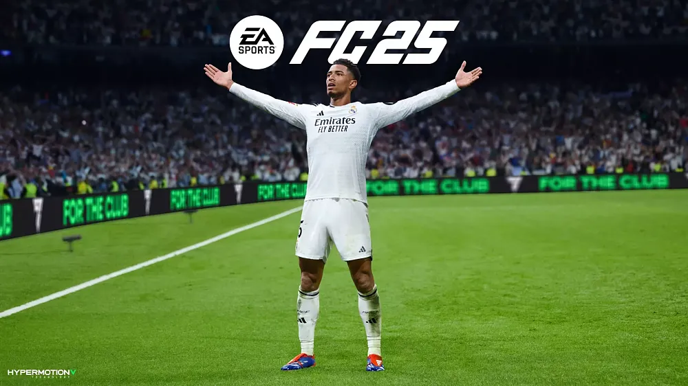 Soccer player Jude Bellingham posing on a soccer field for EA Sports FC 25