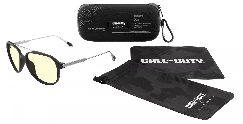 A photo of a pair of Call of Duty Ghost Glasses by Gunnar Optiks, including collector's pouch, cloth, and case.