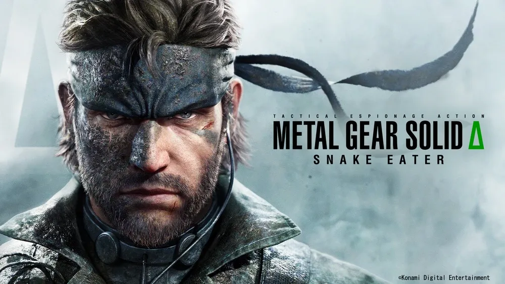 Key art with a closeup of Snake's face and the title Metal Gear Solid Delta: Snake Eater, a remake from Konami.