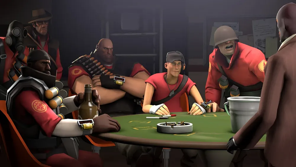 Art of the Red team from Team Fortress 2 sitting around a table.