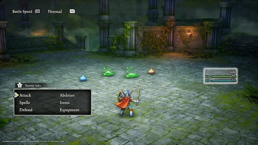 A screenshot of a battle from Dragon Quest 1 HD-2D Remake.