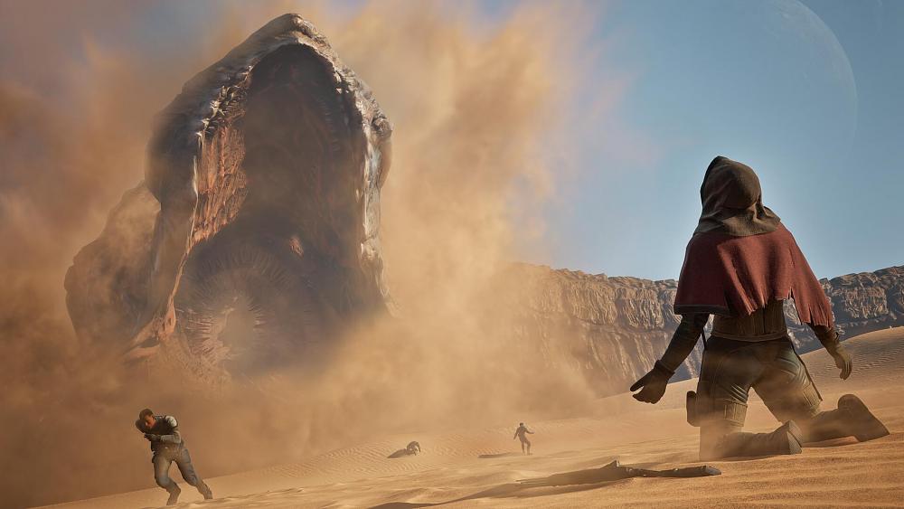 A giant sandworm about to eat a man on his knees in the desert.
