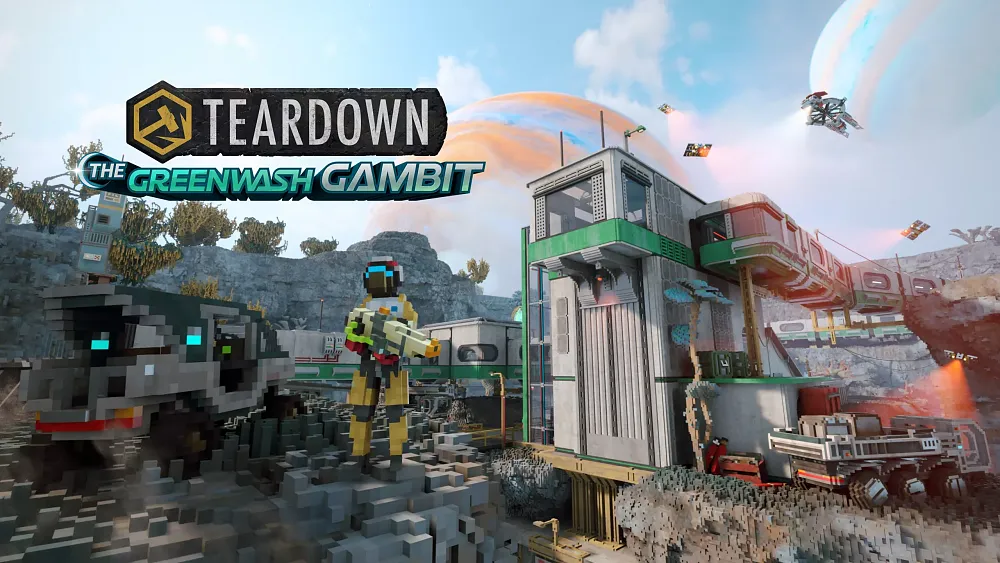 Art showing a voxel-based game world, characters, and vehicles. It's promotional artwork for The Greenwash Gambit, a new expansion for Teardown