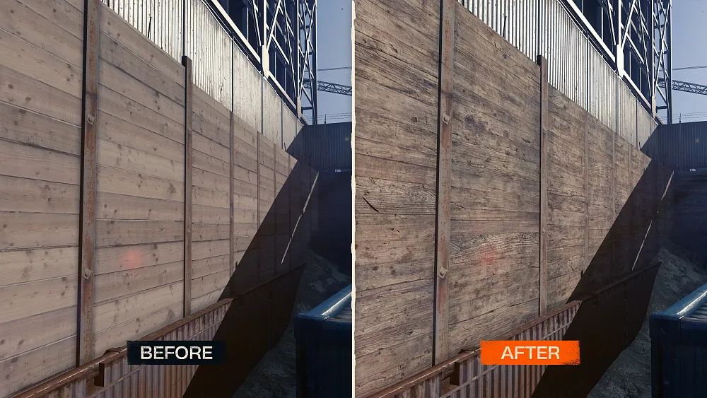 A before and after comparison shot showing texture improvements to a wooden wall for an update coming to Dying Light.