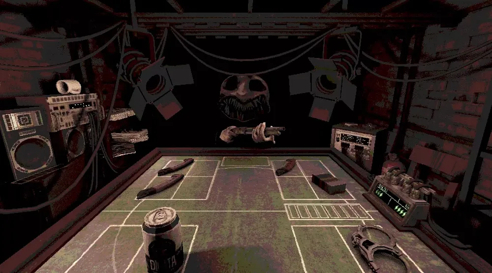 An image from Buckshot Roulette showing The Dealer and a table.