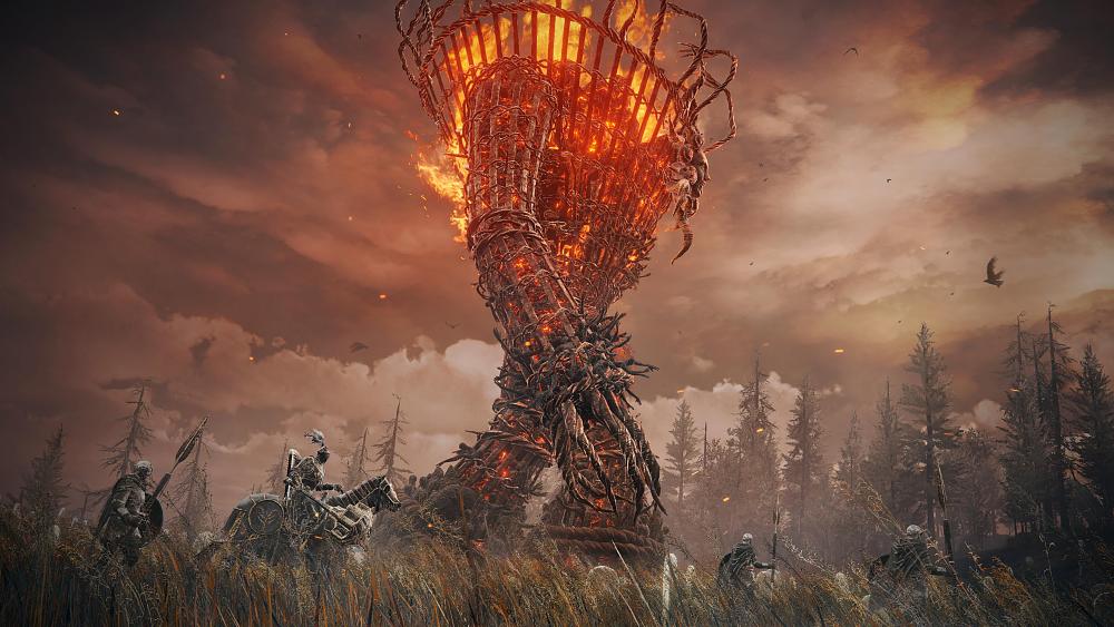 A lumbering fire giant walking through a field, riders on horseback are seen closer to the camera.