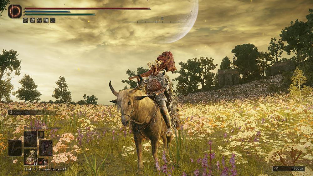 A character with a giant club sitting on horseback in a field of flowers.